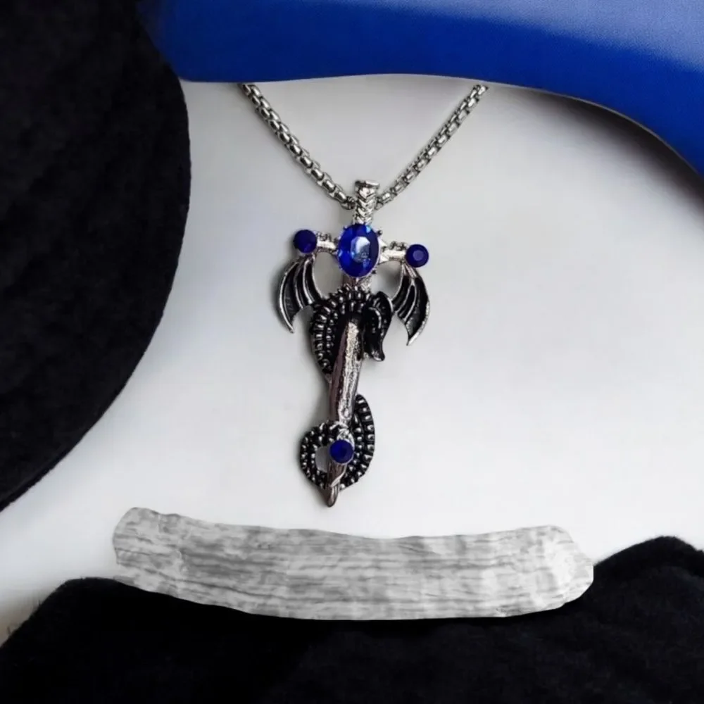 Dragon Cross Sword Necklace Blue Stone Medieval Fantasy Gothic Silver Unisex 24